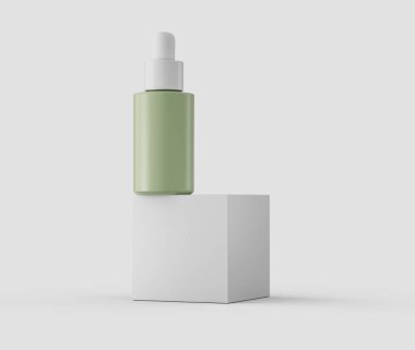 Beyaz başlıklı yeşil kapaklı kozmetik şişesi beyaz kaidede sergileniyor. 3d illüstrasyon