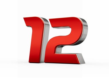 Metalik kırmızı numara 12 veya gümüş kenarlı 12 beyaz arka planda duruyor. 3d illüstrasyon