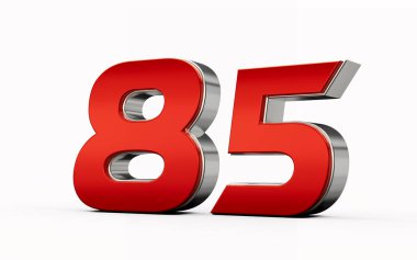 Metalik kırmızı 85 numara veya 85 gümüş kenarlı beyaz arka planda duruyor. 3d illüstrasyon