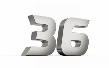 3d gümüş numara 36 36 parlak metalik görünüş beyaz arka planda izole edilmiş, 3d illüstrasyon