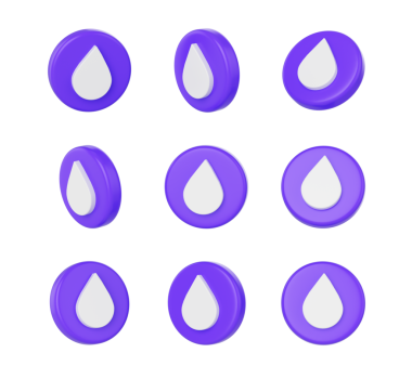 Ortasında beyaz damlacık sembolü olan 3D mor dairesel düğmeler. 3B Görüntü.