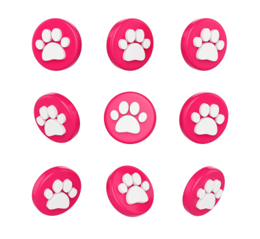 Beyaz pençe izi sembollü pembe dairesel düğmeler, evcil hayvanları ya da hayvanları temsil ediyor. 3B Görüntü