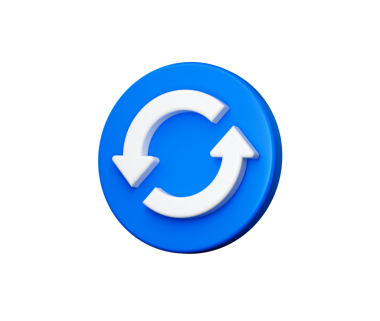 Beyaz tazeleme simgesine sahip mavi dairesel düğme iki eğri ok, üç boyutlu illüstrasyon