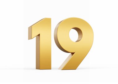 3D Altın Numara 19 Beyaz arka planda izole edilmiş 19 numara, 3D illüstrasyon