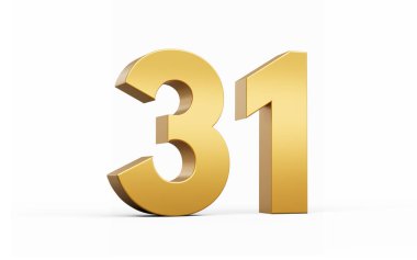 3D Altın Numara 31 Beyaz zemin üzerinde 31 izole edilmiş, 3D illüstrasyon