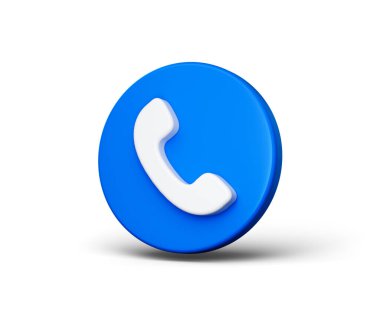 Beyaz telefon simgesi olan 3D Mavi düğme, aramaları ve müşteri hizmetlerini sembolize ediyor, 3D illüstrasyon