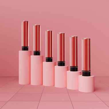 Pembe silindirik platformlarda gösterilen zarif kırmızı rujlar, 3D illüstrasyon