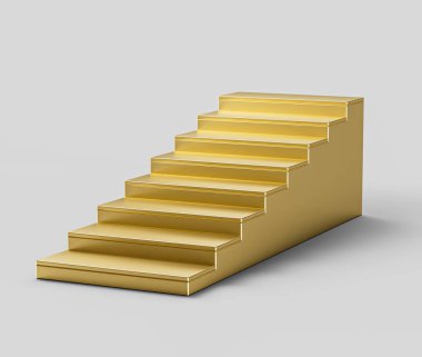 Modern tasarımı olan, parlak ve pürüzsüz yüzeyi olan altın merdiven. 3B Görüntü