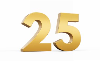 3D Altın Numara 25 Beyaz zemin üzerinde 25 izole edilmiş, 3D illüstrasyon
