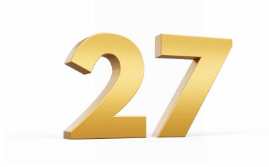 3D Altın Numara 27. Beyaz arkaplanda 27 izole edilmiş, 3D çizim.
