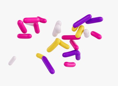 Beyaz arka planda serpiştirilmiş parlak ve renkli şeker parçacıkları, 3 boyutlu illüstrasyon