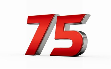 Metalik kırmızı numara 75 veya 75 gümüş kenarlı beyaz arka planda duruyor. 3d illüstrasyon