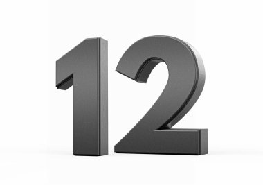 Parlak metalik siyah numara 12 Beyaz zemin üzerinde duran 12 numara, 3 boyutlu illüstrasyon