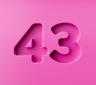 Canlı pembe numara 43. Pembe arka planda kabartmalı, 3D resimli.
