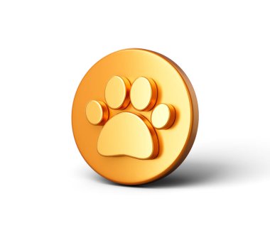 Beyaz pençe izi sembollü altın dairesel düğme evcil hayvan ya da hayvanları temsil ediyor. 3B Görüntü