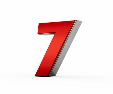 Metalik kırmızı 7 numara gümüş kenarlı beyaz arka planda duruyor. 3d illüstrasyon