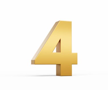 3 Boyutlu Altın Numara 4 Beyaz zemin üzerinde izole edilmiş, 3D illüstrasyon