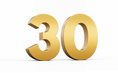 3D Altın Numara 30 Beyaz zemin üzerinde 30 izole edilmiş, 3d illüstrasyon