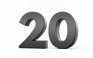 Parlak metalik 20 numara. Beyaz arka planda 20 numara, 3D görüntü.