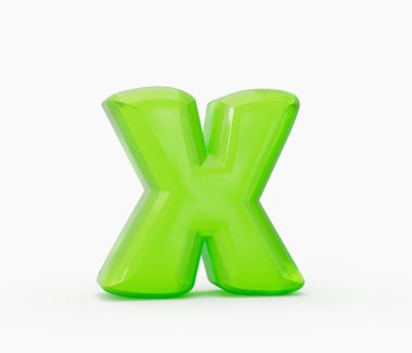 Beyaz arkaplanda yeşil renkli, parlak alfabe X izole edilmiş. 3d illüstrasyon