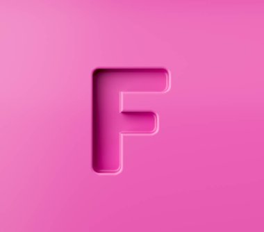 Pembe arka planda kabartmalı pembe alfabe harfi F, 3 boyutlu illüstrasyon