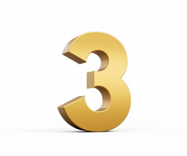3D Altın Numara 3 Beyaz zemin üzerinde izole edilmiş, 3D illüstrasyon