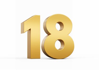 3D Altın Numara 18 Beyaz arka planda izole edilmiş 18 numara, 3D illüstrasyon