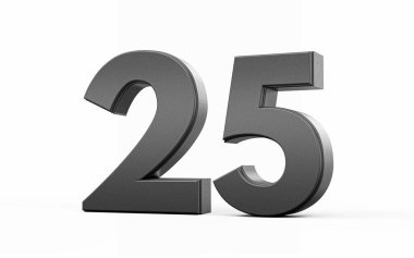 Parlak metalik 25 numara. Beyaz arka planda 25 numara, 3D görüntü.