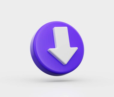 Mor simge üzerinde 3D beyaz aşağı doğru ok, indirme veya aşağı yönünü sembolize eder, 3d illüstrasyon