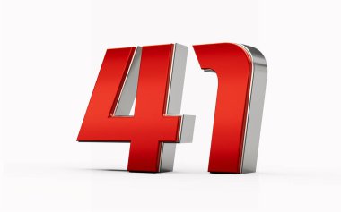 Metalik kırmızı numara 41 gümüş kenarlı kırk bir beyaz arka planda duruyor. 3d illüstrasyon