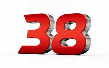 Metalik kırmızı 38 numara gümüş kenarlı ve beyaz arka planda duruyor. 3d illüstrasyon