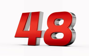 Metalik kırmızı numara 48 ya da 48 gümüş kenarlı beyaz arka planda duruyor. 3d illüstrasyon