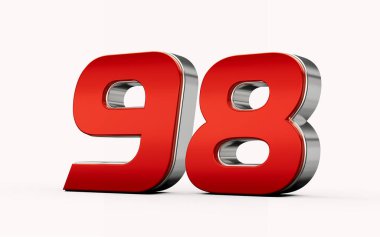Metalik kırmızı 98 ya da 98 numara gümüş kenarlı beyaz arka planda duruyor. 3d illüstrasyon