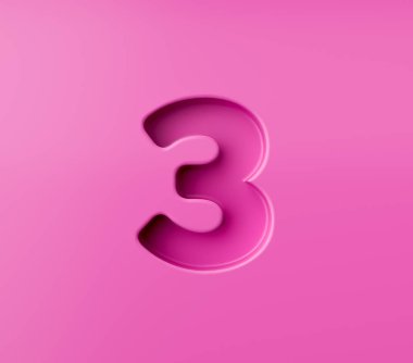 3 numaralı canlı pembe arka planda kabartmalı, 3 boyutlu resimli.