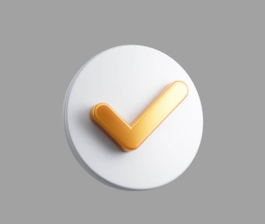 Altın işaret sembollü 3D beyaz simge, onayı, başarıyı veya tamamlamayı sembolize ediyor, 3d illüstrasyon