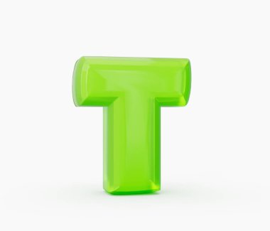 Beyaz arkaplanda yeşil renkli parlak jöle alfabesi T izole edilmiş. 3d illüstrasyon