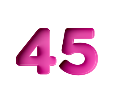 Parlak pembe numara 45. Kalın eğimli yazı tipi, hafif gölge efektli, 3 boyutlu illüstrasyon.