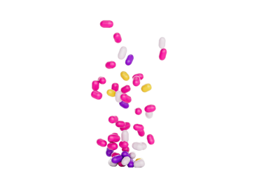 Parlak ve renkli şekerler serpiştirilmiş ve havada yüzüyor, üç boyutlu bir resim.