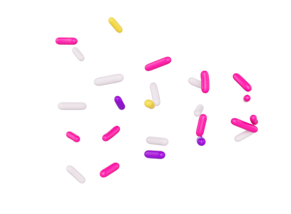 Parlak ve renkli şekerler serpiştirilmiş ve havada yüzüyor, üç boyutlu bir resim.