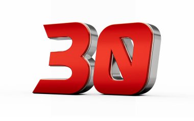 Metalik kırmızı numara 30 gümüş kenarlı 30 beyaz arka planda duruyor. 3d illüstrasyon