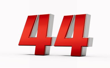 44 veya 44 numaralı metalik kırmızı, gümüş kenarlı beyaz arka planda duruyor. 3d illüstrasyon