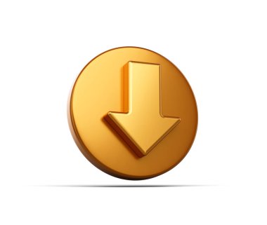 İndirme veya indirme yönünü sembolize eden aşağı doğru ok ile 3B Altın simge, 3d illüstrasyon