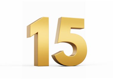 3D Altın Numara 15 Beyaz zemin üzerinde 15 izole edilmiş, 3D illüstrasyon