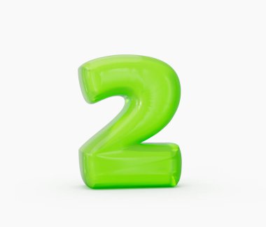 2 numaralı canlı yeşil jöle, beyaz arkaplanda 3 boyutlu parlak bir şekil. 3d illüstrasyon