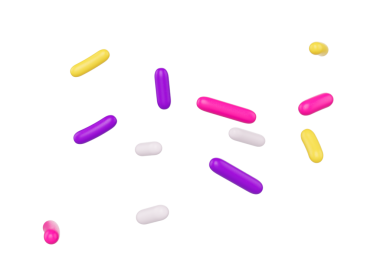 Parlak ve renkli şekerler serpiştirilmiş ve havada yüzüyor, üç boyutlu bir resim.