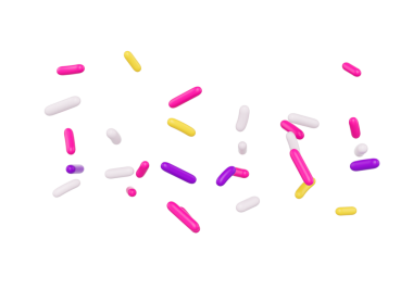 Parlak ve renkli şekerler serpiştirilmiş ve havada yüzüyor, üç boyutlu bir resim.