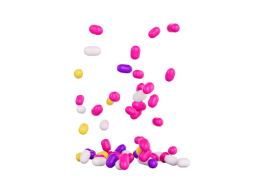 Parlak ve renkli şekerler serpiştirilmiş ve havada yüzüyor, üç boyutlu bir resim.