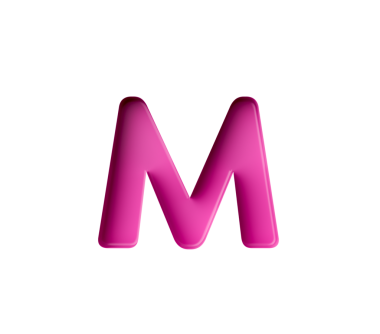 Pembe renkli parlak dizaynlı M harfi. 3B Görüntü.