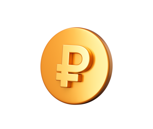 Yüzeyinde beyaz ruble sembolü bulunan 3 boyutlu bir altın sikke çizimi, 3 boyutlu illüstrasyon