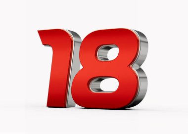 Metalik kırmızı 18 numara veya gümüş kenarlı 18 numara beyaz arka planda duruyor. 3d illüstrasyon